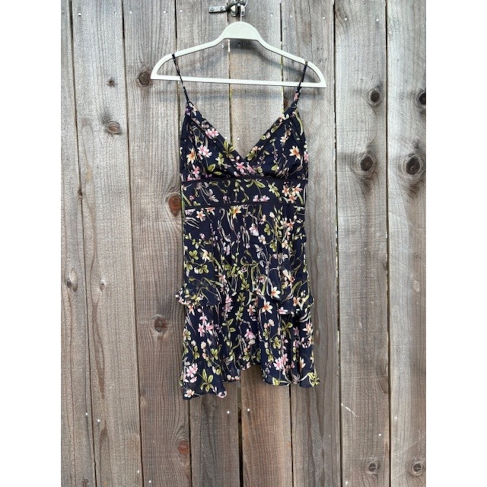 Just Me Navy Pink Floral Tiered Ruffle Mini Dress Size M V-Neck Ladder Lace Trim